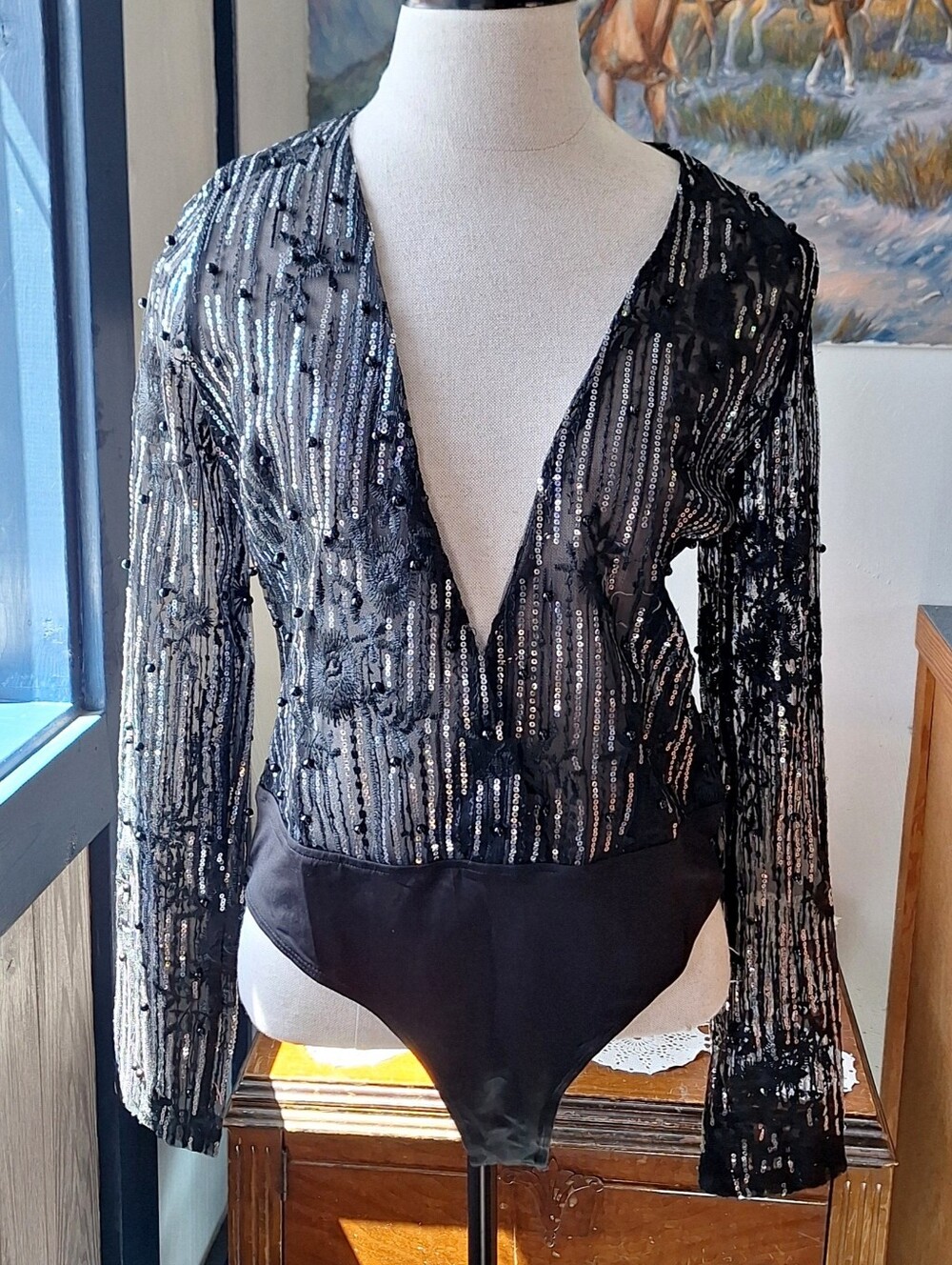 Avec Les Filles Embroidered Sequined & Beaded Mesh Bodysuit, M, Style#7003TB